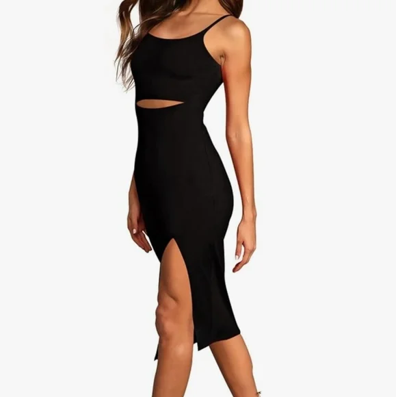Black Bodycon Midi Dress with Cutout and Slit​​ - Picture 7 of 13